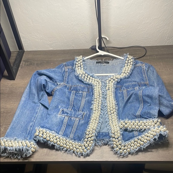 Bohemian Blue and White Lace Jean Jacket - Picture 3 of 6